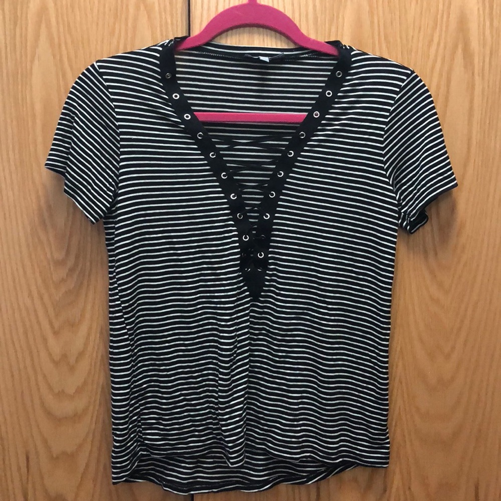 Criss cross front lace up striped top